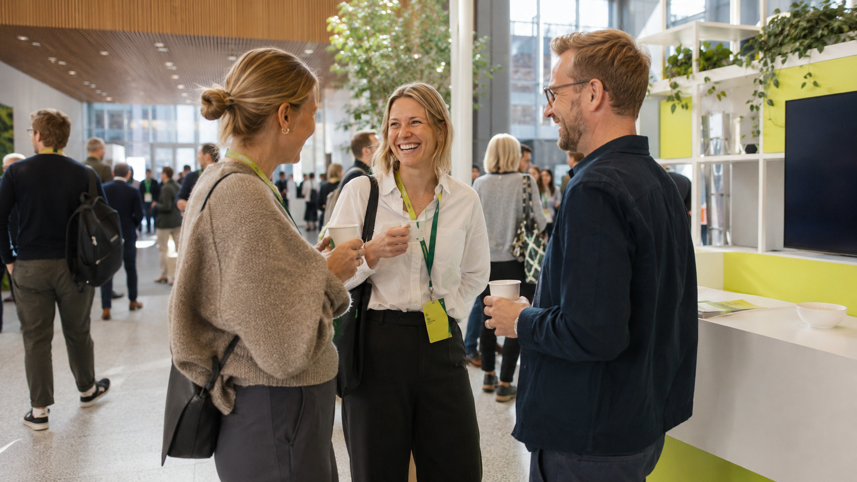 Engasjert samtale ved stand